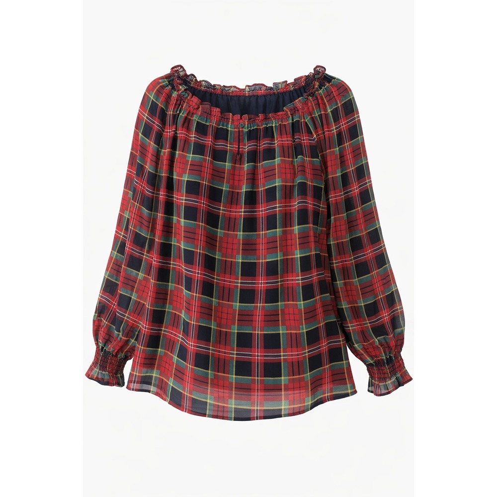 Talbots Womens XL Red Plaid Chiffon Ruffle Neck Smocked Cuff Blouse‎ Office